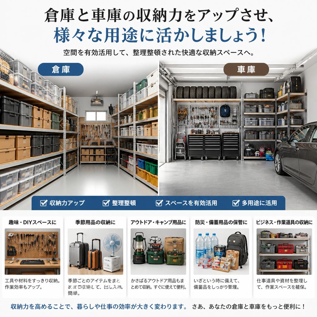 倉庫と車庫の収納力をアップさせ、様々な用途に活かしましょう！
