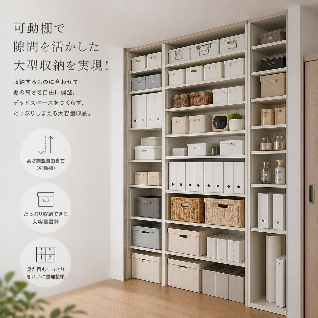 可動棚で隙間を活かした大型収納を実現！