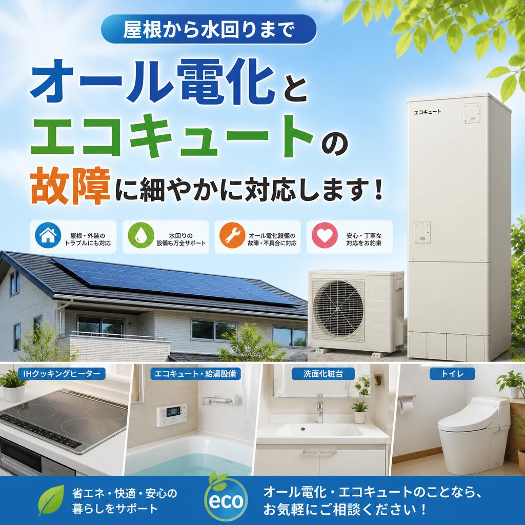 屋根から水回りまで、オール電化とエコキュートの故障に細やかに対応します！