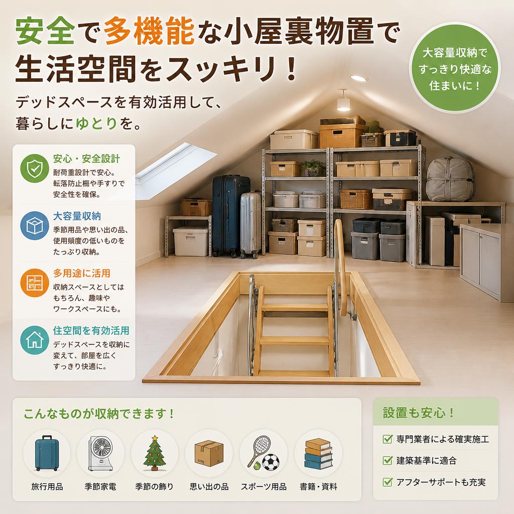安全で多機能な小屋裏物置で生活空間をスッキリ！