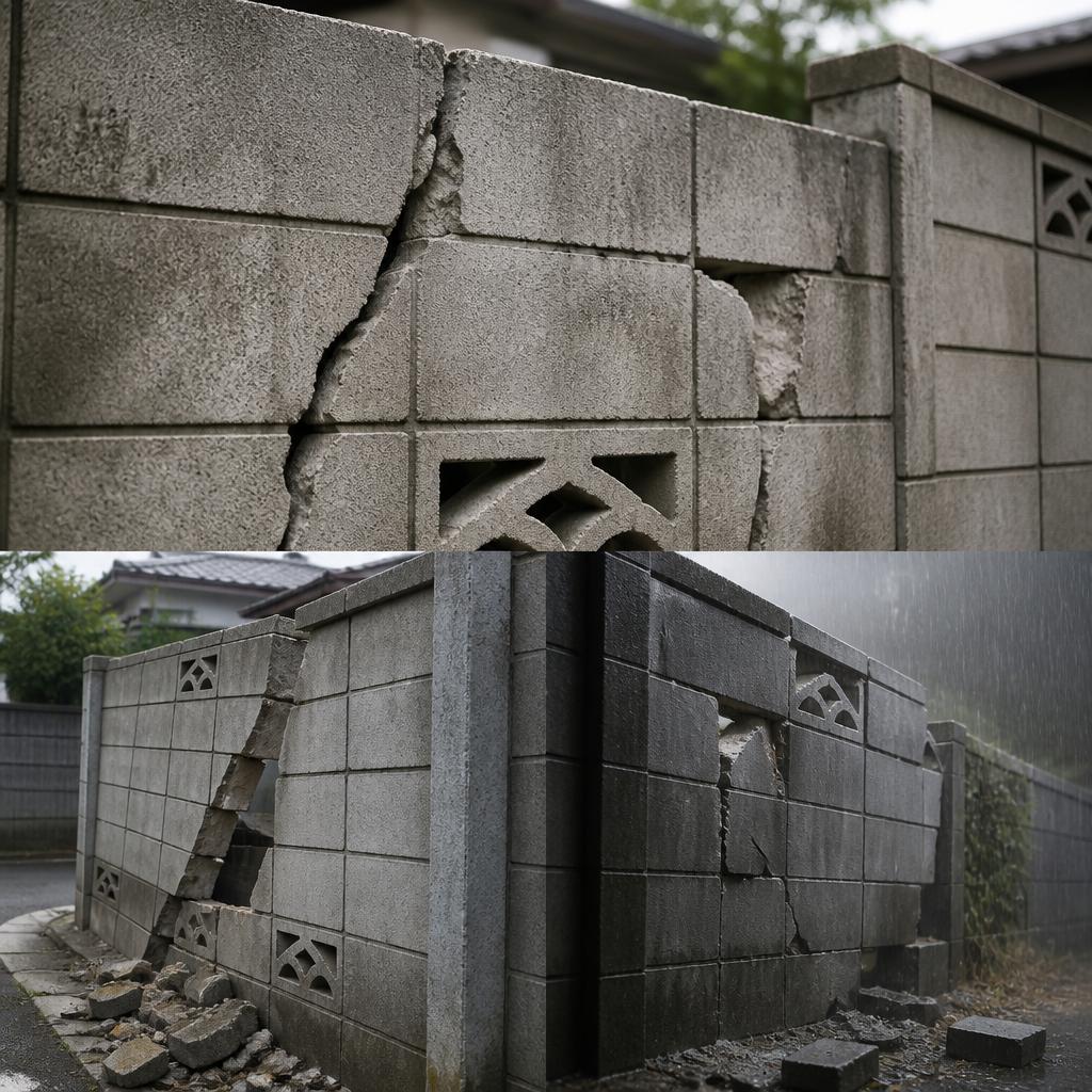 壊れたブロック塀とひび割れのリスク